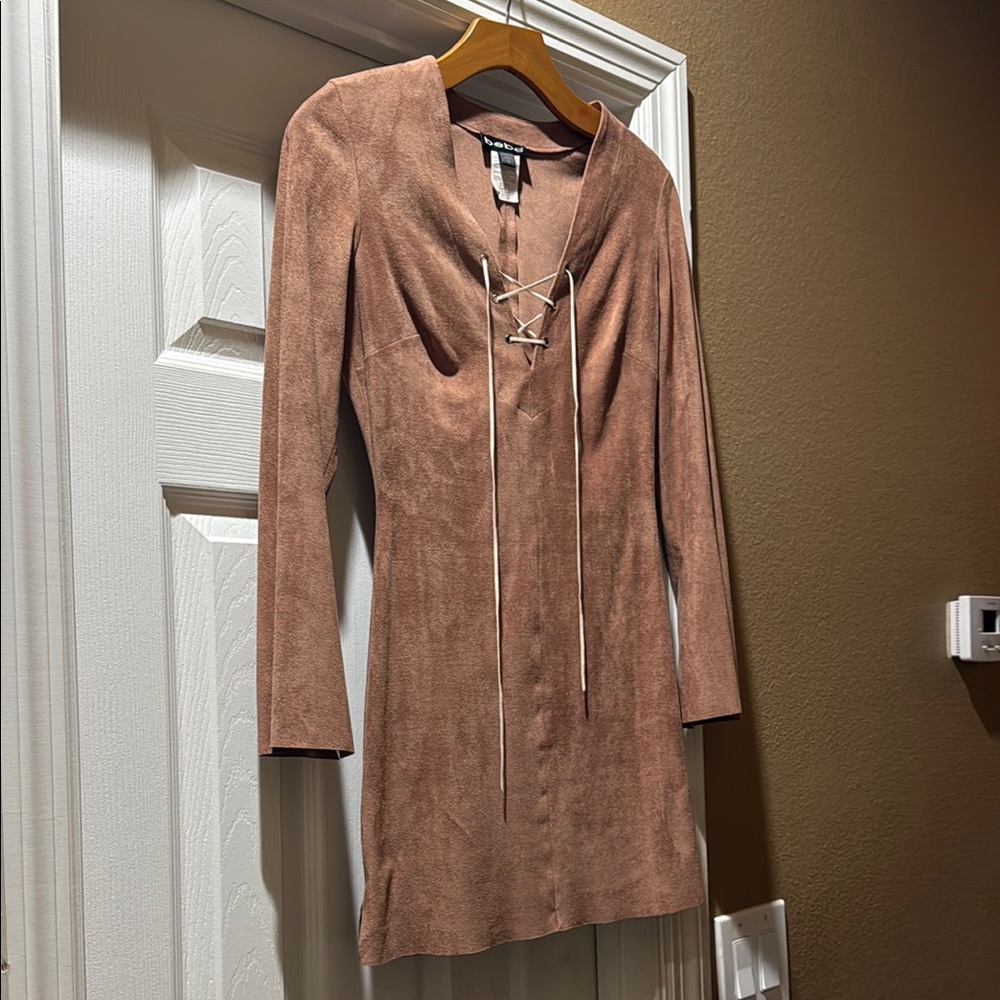 Bebe Tan Long Sleeve Plunge Bodycon Dress